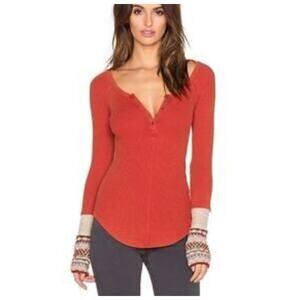 Free People Rust Red Henley Thermal Top with Patterned Cuffs